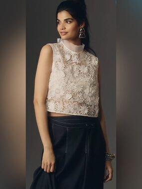 Maeve Anthropologie Sheer Floral Lace Crop Top White Sleeveless XXS NWT